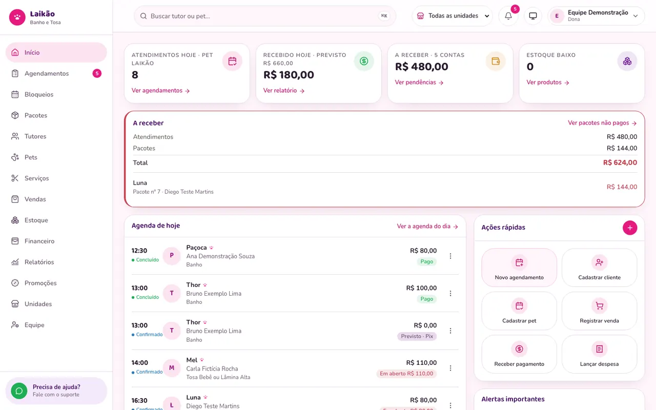 Painel do Pet Shop Laikão com agenda do dia e valores a receber (dados de demonstração)